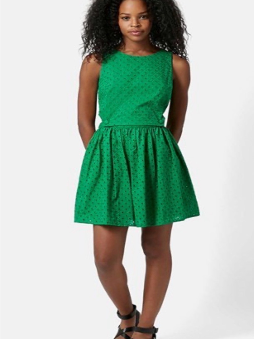 Womans Green Eyelet Fit-and-Flare Dress